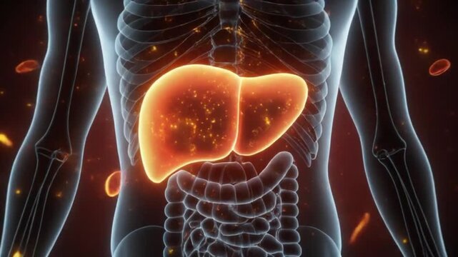 3D anatomical animation showing how the liver filters toxins from the bloodstream, converting them into harmless substances. Dynamic glowing particles flow through hepatic veins in realistic body ligh