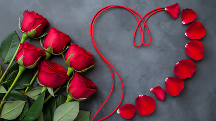 Red Roses and Petals Arranged in a Heart Shape on Textured Background rose petals love