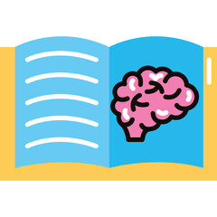 Open book with colorful pages displaying a pink brain illustration against a bright blue background on a sandy yellow surface representing knowledge and learning concept