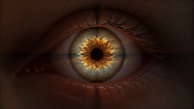3D animation of the human eye adjusting focus &mdash; lens changing shape, pupil dilation, and light rays converging on the retina. Realistic textures, macro cinematic perspective