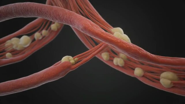 Detailed 3D close-up of muscle fibers contracting and relaxing. Actin and myosin filaments slide together, showing microscopic biochemical motion in realistic lighting