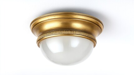 A vintage, ornate ceiling fixture with a golden, tiered canopy encasing a milky-white, dome-shaped glass globe, against a clean, white ceiling