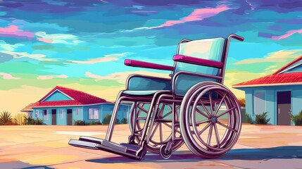 Wheelchair in front of buildings and sky