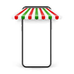 Shop sunshade. Realistic striped cafe awning. Outdoor market tent. Roof canopy in Italian flag colors. Summer street store. Vector illustration.