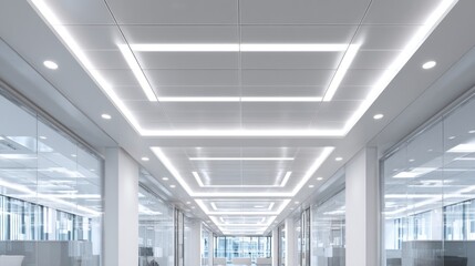 A modern, bright office corridor with recessed square and rectangular LED lights embedded in the ceiling. Glass walls flank the hallway