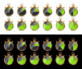 Realistic classic stopwatch. Shiny golden metal chronometer, time counter with dial. Green countdown timer showing minutes and seconds. Time measurement for sport, start, finish. Vector illustration.