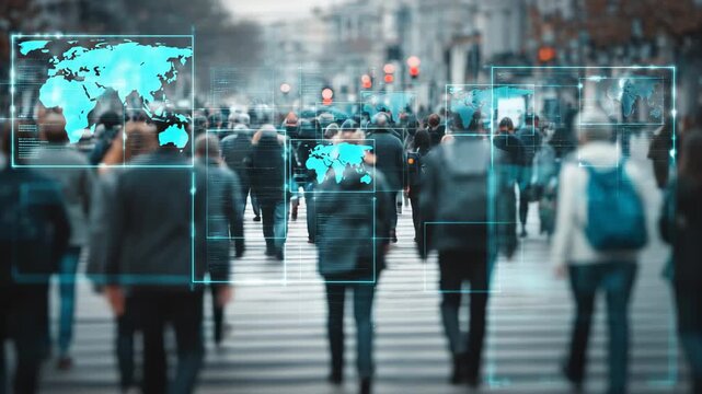 Surveillance view of a busy crowd walking on a city street during the day with various people visible in different attire and activities