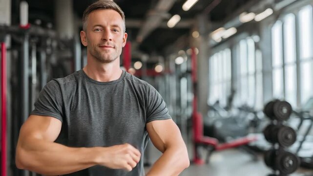 Confident muscular man standing with crossed arms while posing in a modern gym during the day, showcasing fitness and determination