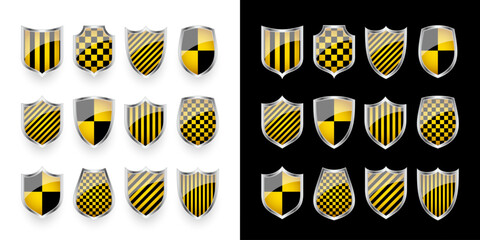 Glossy shield with yellow and black pattern. Security and protection concept. Cyber safety icons, internet privacy, web defense, digital data protection and antivirus themes. Vector illustration.
