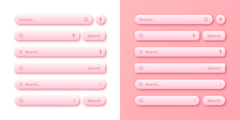Colorful 3d search bar templates. Internet browser engine with search box, address bar and text field. UI design, website interface element with web icons and push button. Vector illustration.