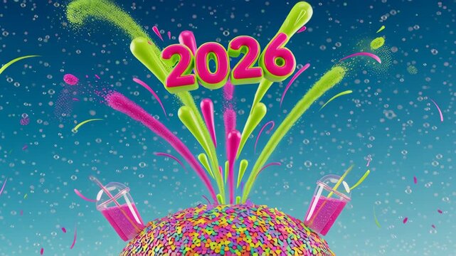 Splash Party 2026 Celebration. Colorful splash and confetti burst with bold pink 2026 typography in a fun festive style