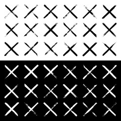 Grunge crosses, brush strokes, x mark, lines, ink smudges, hand-drawn scribble shapes. Handmade sketchy marks, acrylic stains, charcoal streaks. Paint textures, dry brush effect. Vector illustration.