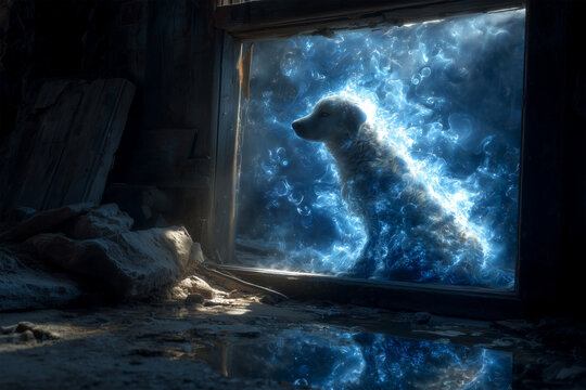 A glowing spirit dog sitting in a broken window of a ruined building