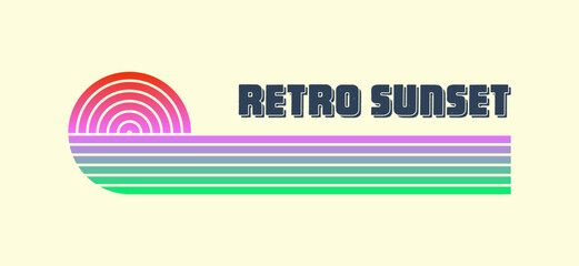 Vintage colorful sunset. Various gradient striped sunrise badges in 80s and 90s style. Sun and ocean view, summer vibes, surfing. Design element for print, logo or t-shirt. Vector illustration.