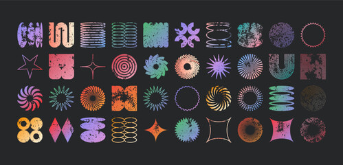 Brutalist geometric shapes, modern grunge symbols. Simple primitive elements and forms, distressed details. Retro design, aged, vintage, trendy contemporary minimalist style, y2k. Vector illustration.