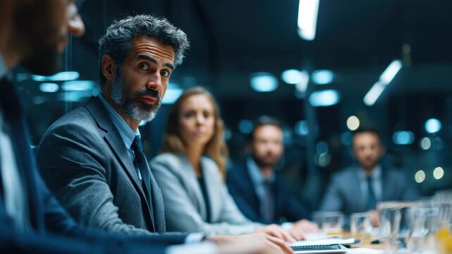 Indian business director leads board meeting with diverse team in modern office setting during evening hours - Powered by Adobe