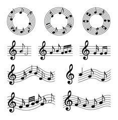 Dynamic vector set of music notes waves with curving staff lines, rhythmic symbols, and melodic swirls, suitable for music posters, concert graphics, and creative artistic compositions.