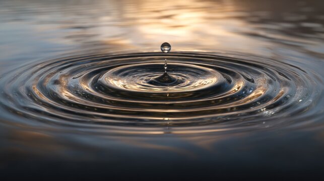 Droplet impacts water, creating concentric rings on a reflective surface at golden hour - Powered by Adobe