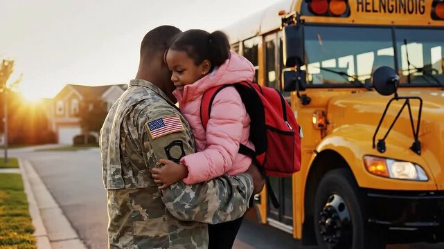Soldier Embraces Young Child by School Bus in Suburban Street at Sunset with Golden Hour Lighting