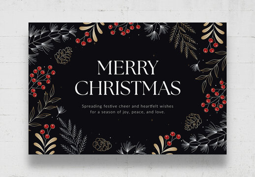 Merry Christmas Card Background Template with Festive Ornaments, Decorations & Design Elements 