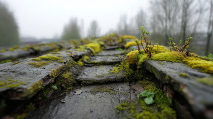 Close up of moss covered stone steps with small plants growing on a foggy day in a blurred forest
