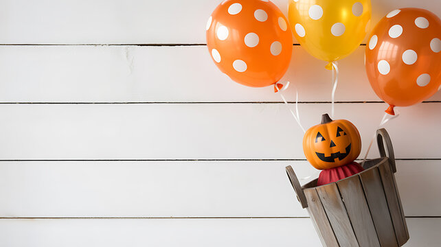 Halloween Pumpkin in Bucket with Polka Dot Balloons jack-o-lantern wooden