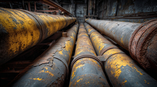 A perspective shot of multiple old rusty pipes with yellow paint in a dimly lit industrial setting - Powered by Adobe