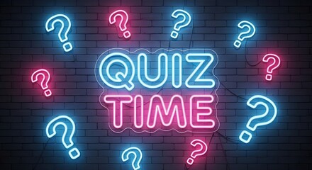 It's Quiz Time! Get Ready to Test Your Knowledge with Fun Trivia Night Neon Sign on Dark Brick Wall Background for Entertainment and Engagement