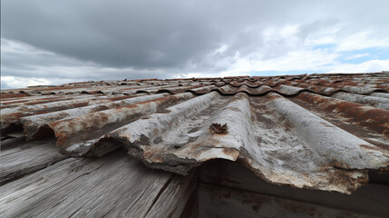 A low angle shot of a weathered corrugated metal roof against a cloudy sky on an overcast day