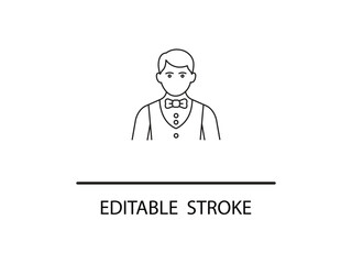 Dapper waiter icon with bow tie and vest, ready for service with editable stroke for easy customization in your designs and promotions today.