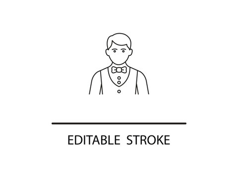 Dapper waiter icon with bow tie and vest, ready for service with editable stroke for easy customization in your designs and promotions today.