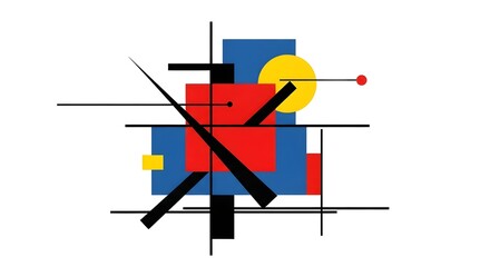 An abstract geometric composition featuring colorful squares, circles, and lines arranged in a modern, minimalist style reminiscent of constructivist art movements