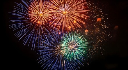 Vibrant multicolored fireworks explode in the dark night sky creating a dazzling display of light and color