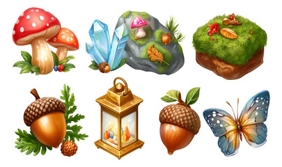 Vibrant Forest Collection Featuring Mushrooms, Crystals, Lantern, and Butterflies