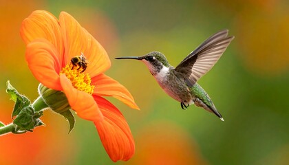 Fototapeta premium Hummingbird approaches a vibrant orange flower, a bee already enjoying its nectar, against a blurred green background