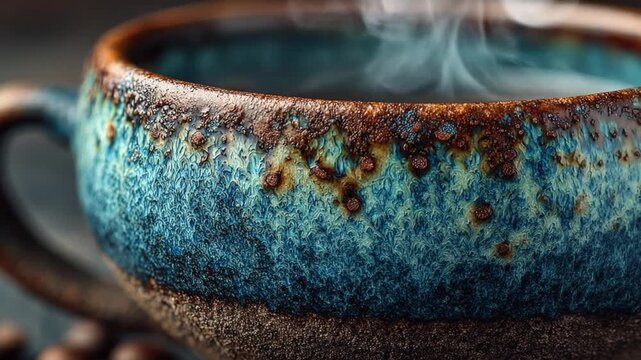 Steaming ceramic coffee cup with textured surface and dark background