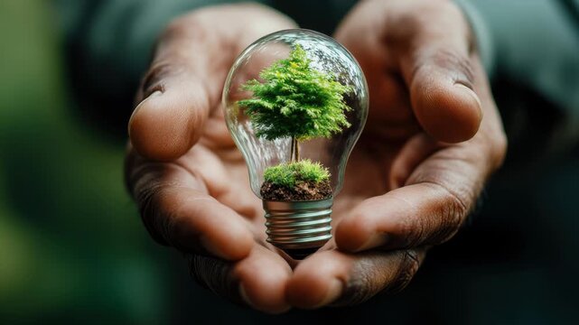A pair of hands holds a light bulb containing a small green tree. The scene emphasizes themes of sustainability and environmental awareness.