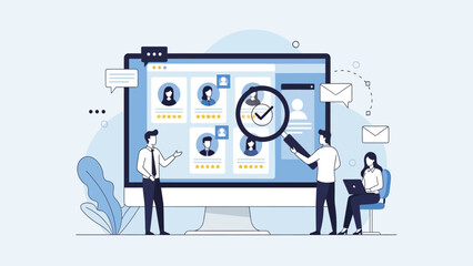 Online Human Resources Recruitment and Candidate Selection Process Vector Illustration. HR team choosing the best applicant profile using a digital review system.
