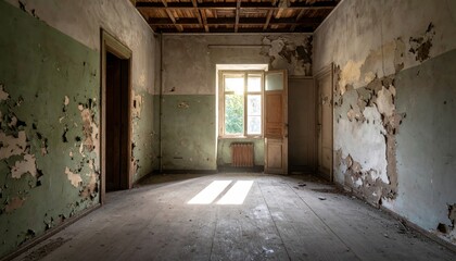Obraz premium Abandoned building interior: old abandoned house hallway with light shining through a broken window onto the wood floor