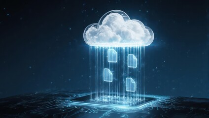 Digital cloud illustration with data transferring from a cloud shape onto a digital board