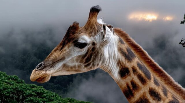A close-up of a giraffe's head against a misty forest background. The giraffe has a distinctive pattern of brown and cream spots.