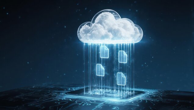 Digital cloud illustration with data transferring from a cloud shape onto a digital board