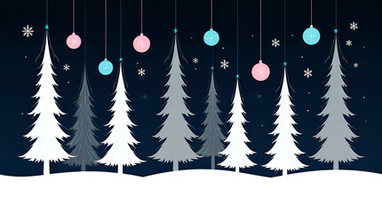 A minimalist  landscape with geometric white and silver fir trees on a dark background for the New Year. A modern, festive Christmas design.