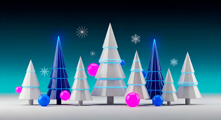 A minimalist 3D  landscape with geometric white and silver fir trees on a dark blue background for the New Year. A modern, festive Christmas design.