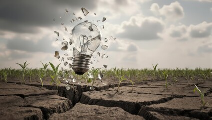 Shattered lightbulb explodes over parched earth with sprouting seedlings, dark clouds looming