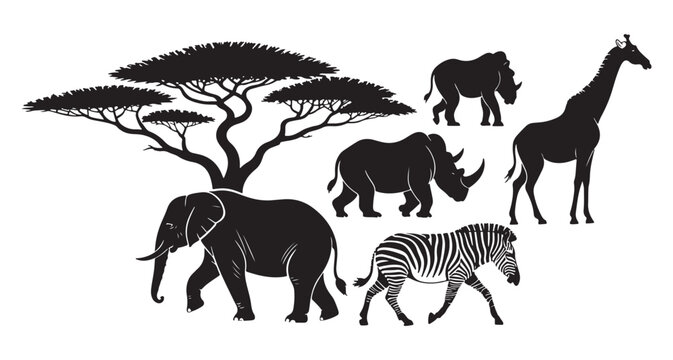 Silhouettes of African safari animals including an elephant, zebras, rhinos, and a giraffe under a savanna tree.