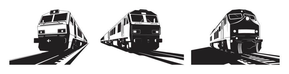 Three black and white illustrations of trains on tracks. © Baloch