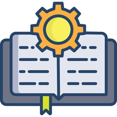 Open book with yellow cogwheel gear on top and bookmark detail clean icon design with transparent background and blue and grey colors
