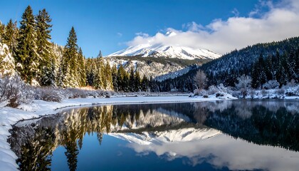 Mountain reflects in water, framed by snow-covered trees under a blue sky with scattered clouds, winter scene