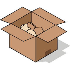 Open Cardboard Box Filled With Packing Paper And Contents With Isometric View And Soft Shadow On Transparent Background